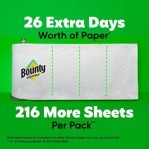 Bounty Quick-Size Paper Towels - Ultra-Absorbent White Rolls | 12 Family Triple = 40 Regular Rolls