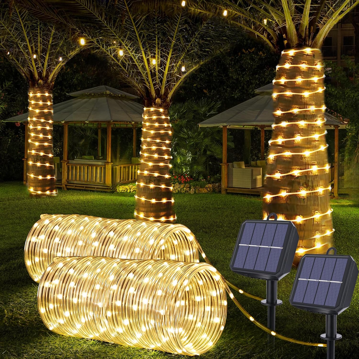 Skiennix Solar Rope Lights - 132ft Waterproof 400LED String Lights | 8 Modes for Garden & Patio Decor - Warm White