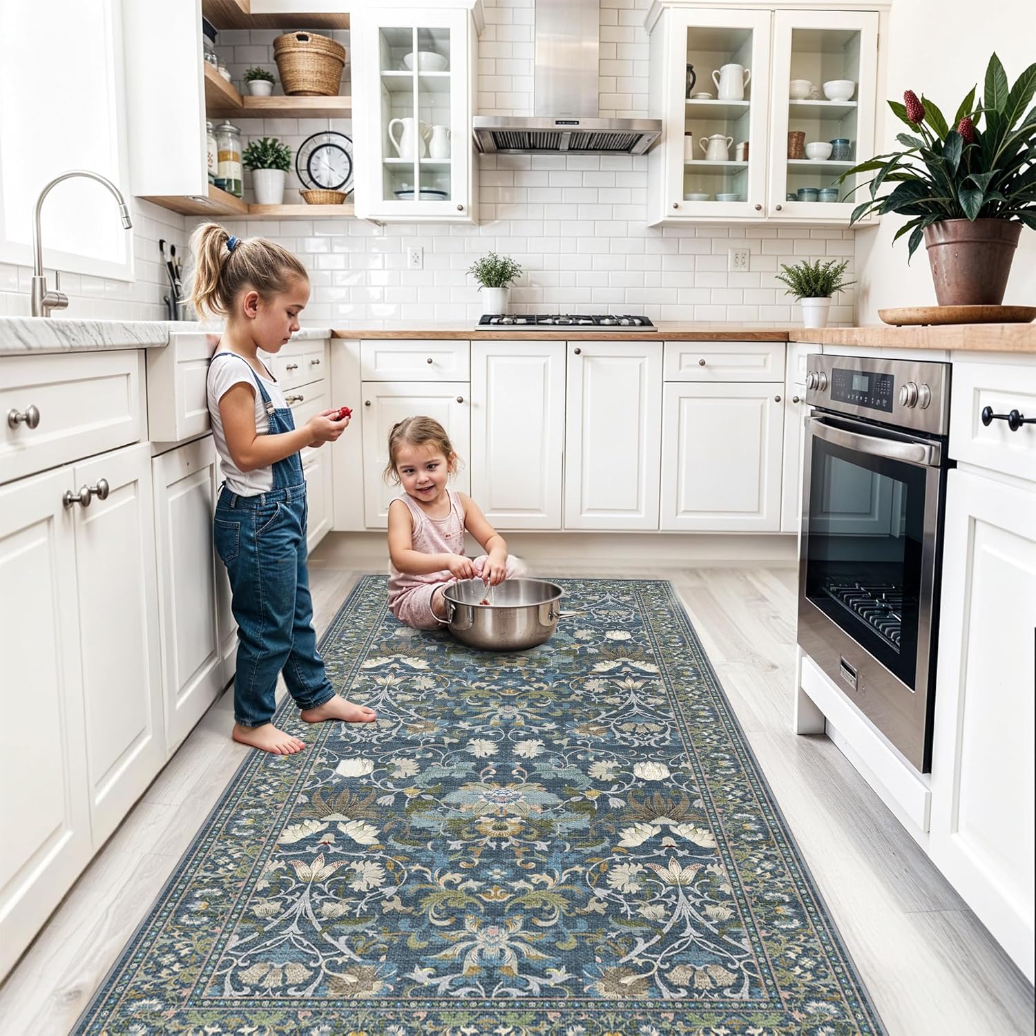 Skiennix 4x8 Washable Kitchen Area Rug - Elegant Floral Design | Stain-Resistant Soft Carpet for Living Room, Entryway, and Bathroom
