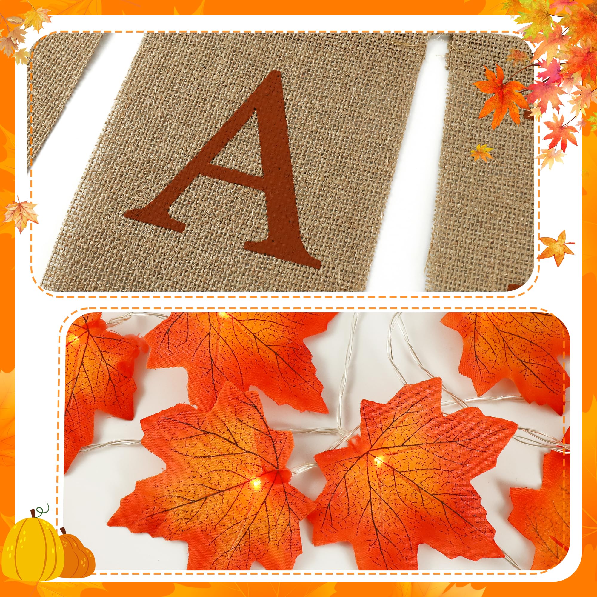20FT Fall Decor - 2 Pack Fall Leaves Garland with Lights Banner Fall Decorations for Home Fall Room Door Porch Decor Autumn Halloween Thanksgiving Decortions for Mantle Kitchen Office Indoor Outdoor