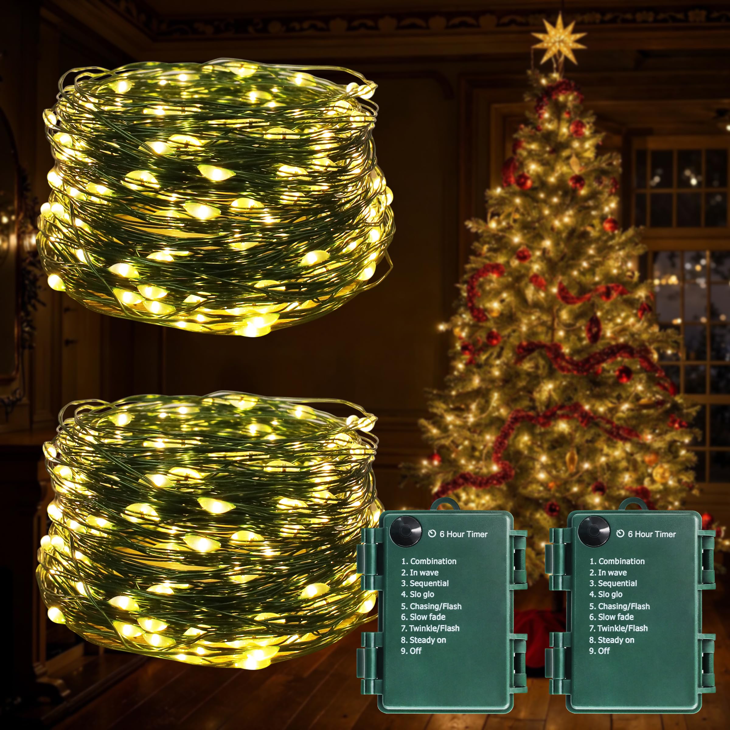 100LED Micro LED Lights 8 Modes with Twinkle String Light for Indoor Outdoor Christmas Tree Wreath Party Decoration Warm White 2Pack