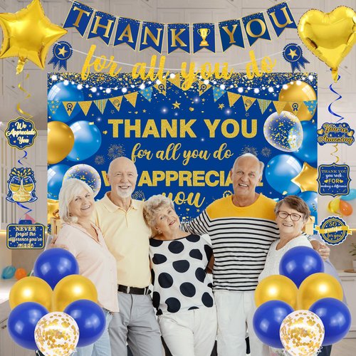Vlipoeasn We Appreciate You Banner Decorations, Blue Gold Thank You for All You Do Backdrop Banner Honeycomb Centerpieces, Retirement Office Decor Staff Teachers Professors Doctor Nurses Appreciation