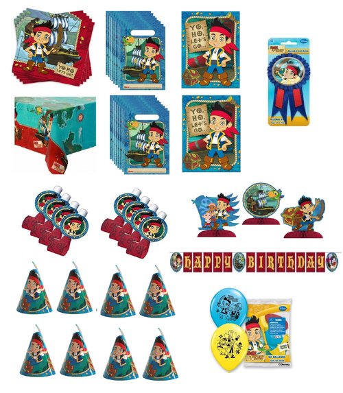 Jake and the Neverland Pirates Party Bundle includes Napkins, Table Cover, Loot Bags, Hats, Blowouts, Centerpiece, Banner, Invitations, Award, Balloons (Large Bundle for 16)