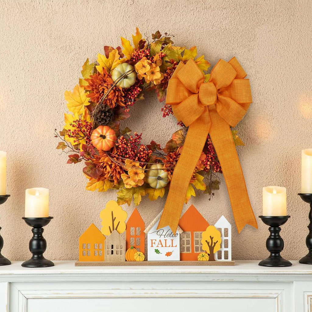 Autumn Wreath Bow - Orange Decorative Bow for Fall Harvest & Thanksgiving Decor | 10"x22"