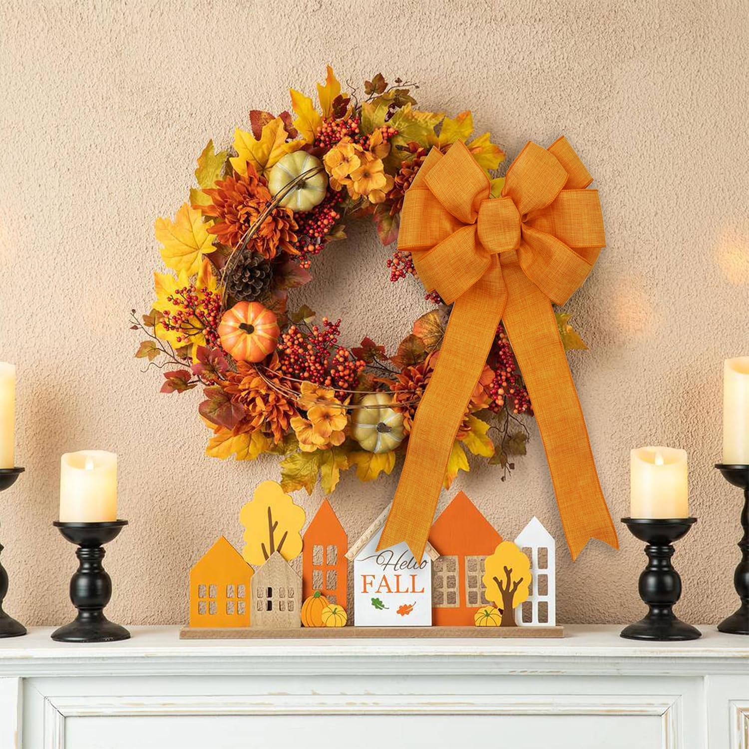 Autumn Wreath Bow - Orange Decorative Bow for Fall Harvest & Thanksgiving Decor | 10"x22"