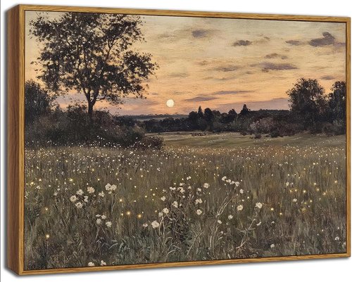 Framed Vintage Farmhouse Canvas Wall Art - Rustic Wildflower Field Landscape Painting 16x24