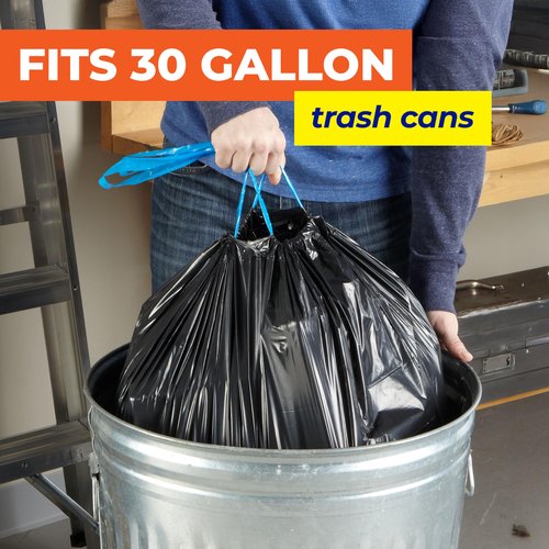 Hefty Essentials Drawstring 30 Gallon Trash Bags, 56 Count, Bulk Black Garbage Bags for Garages, Parties, Large Trash Items, and More, Scent Free, Black