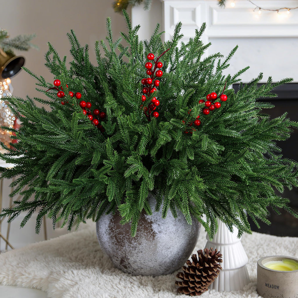 florisso Artificial Faux Christmas Norfolk Pine Stems Branches for Vases,12 Bundles Fake Evergreen Real Touch Greenery Stem with 3 PCS Red Berry Branches for Xmas Holiday Winter Table Indoor Decor