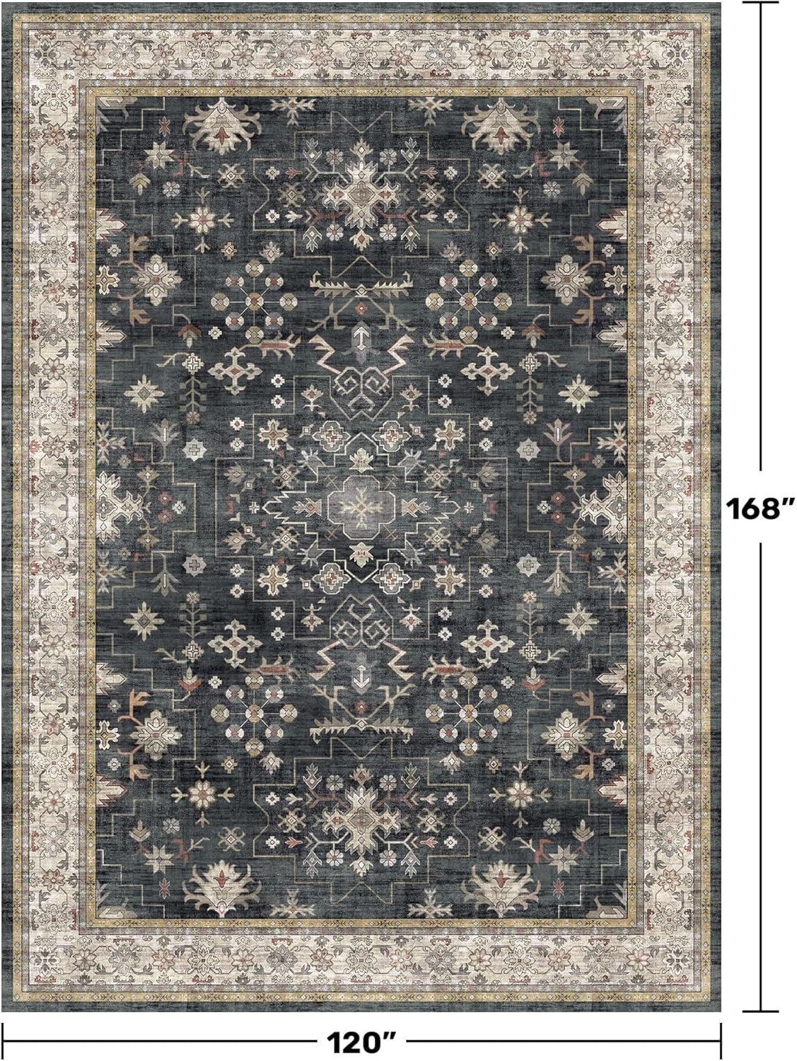 Boho Black Rug - Washable 10x14 Area Rug for Living Room | Soft Low Pile Carpet, Non-Slip & Stain Resistant