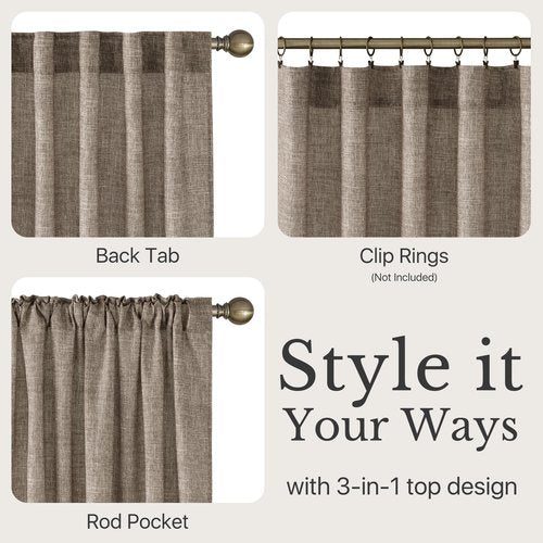 NICETOWN 230 GSM Rich Linen Blend Taupe Curtains 90 inches Long, Rod Pocket & Back Tab Privacy with Light Filtering Semi Sheer Window Treatments for Bedroom/Living Room, W52 x L90, 2 Panels