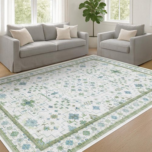 Hazo Haus Oushak Area Rug - Vintage Boho Floral Design, Washable 5x7 Blue & Green Non-Slip Rug