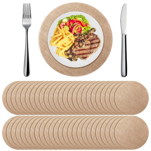 Mifoci 100 Pieces Fall Burlap Placemats, Burlap Round Reusable Placemats Brown Table Mats Circle Rustic Table Decorations for Wedding Christmas Dinner Holiday Farmhouse Supplies(11.8 Inches)