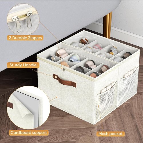 Budding Joy Shoe Organizer - Clear Foldable Storage Containers with Adjustable Dividers | Fits 16 Pairs, Beige