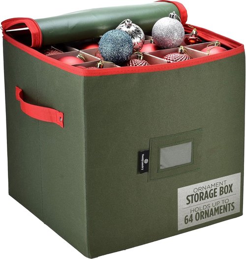 Handy Laundry Christmas Ornament Storage Box - Holds 64 Ornaments with Adjustable Dividers | Green, Zippered Top & Two Handles