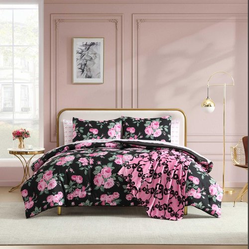 Betsey Johnson - King Bedding Set, Wrinkle-Resistant 8 Piece Bed Set, Ultra-Soft Comforter w/Matching Bed Sheets, Pillowcases & Throw Blanket, Lightweight for All-Season Comfort (Garden Floral Pink)