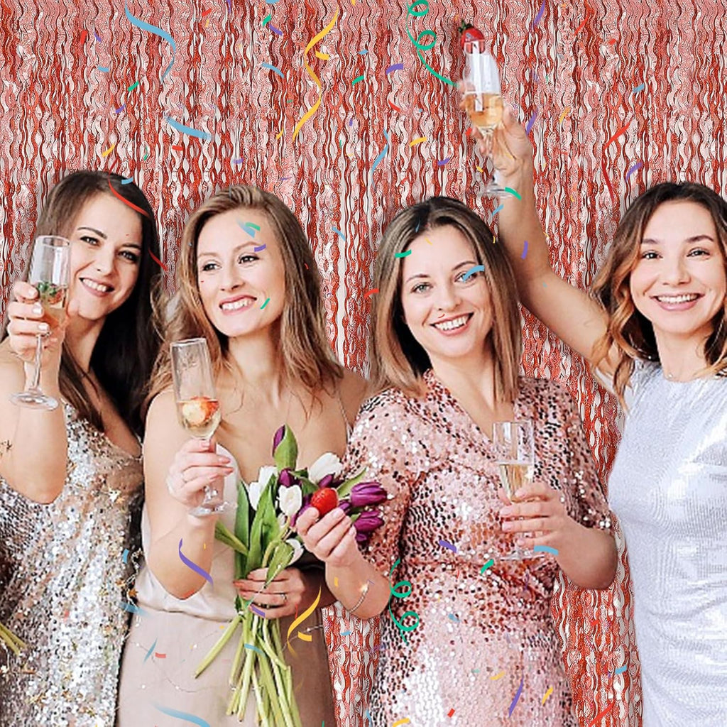 Rose Gold Tinsel Foil Fringe Curtain - Sparkling Wavy Backdrop for Parties & Events
