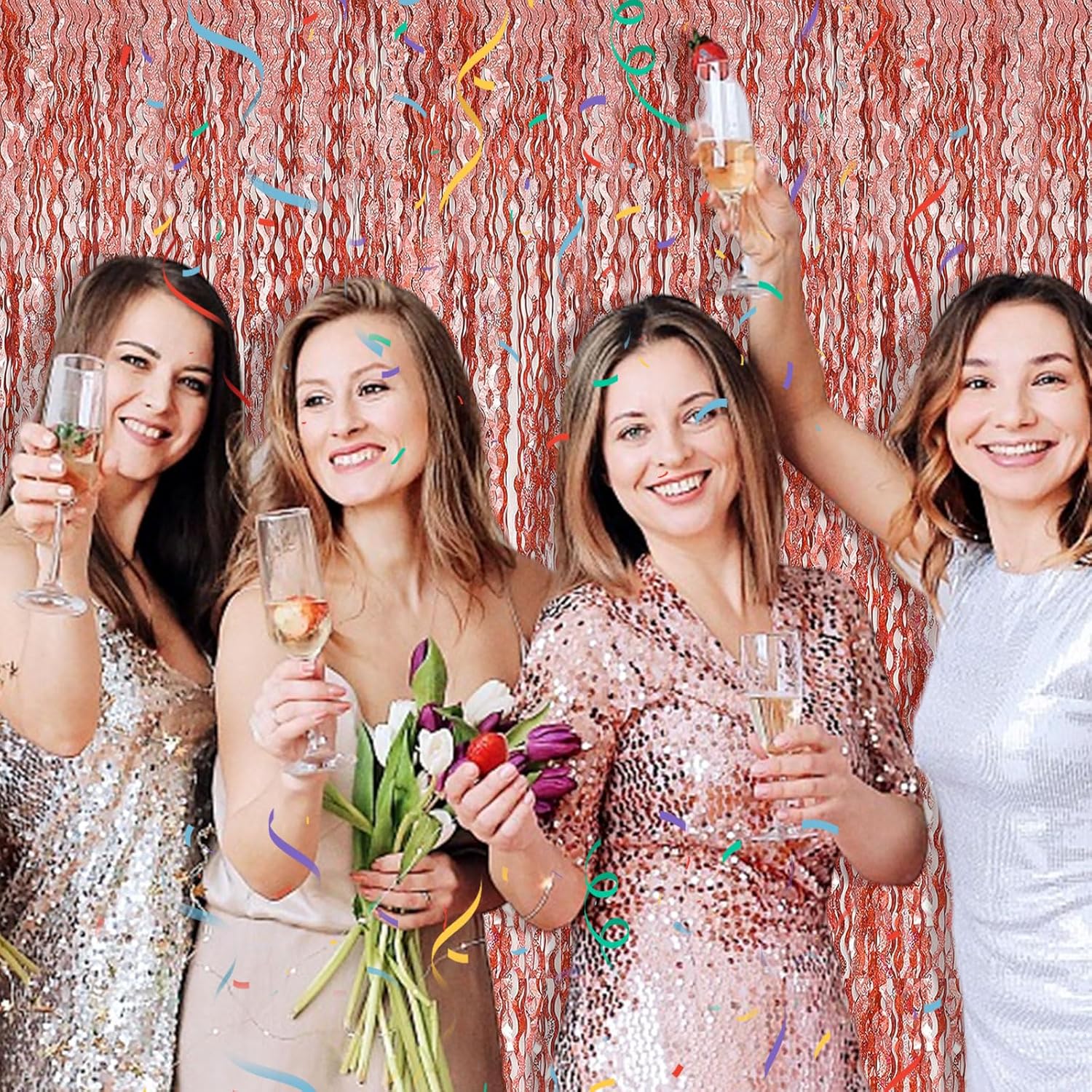 Rose Gold Tinsel Foil Fringe Curtain - Sparkling Wavy Backdrop for Parties & Events