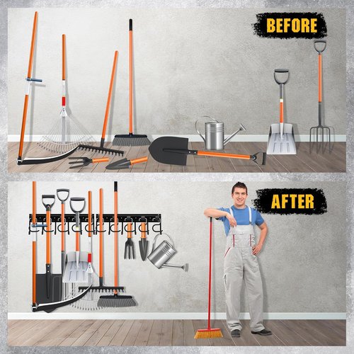 ELEAD 68'' Adjustable Metal Garden Tool Organizer - Wall Mount with Black Hooks for Garage Storage