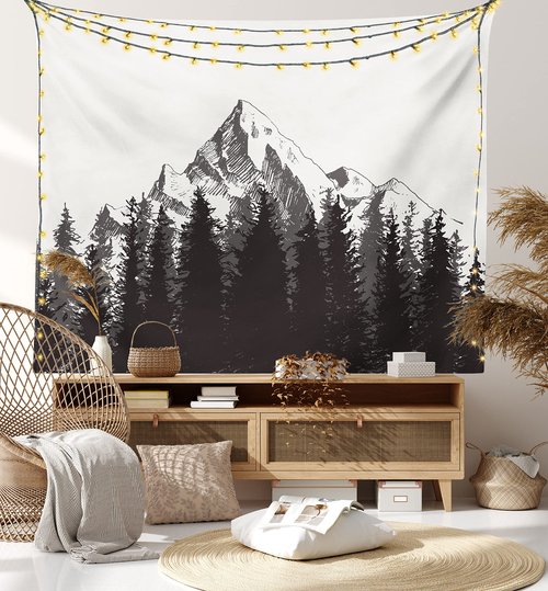 Ambesonne Prehistoric Tapestry, Mountain Fir Forest and Arrow Folk Style Retro Print, Wide Wall Hanging for Bedroom Living Room Dorm, 60" X 40", Dimgrey
