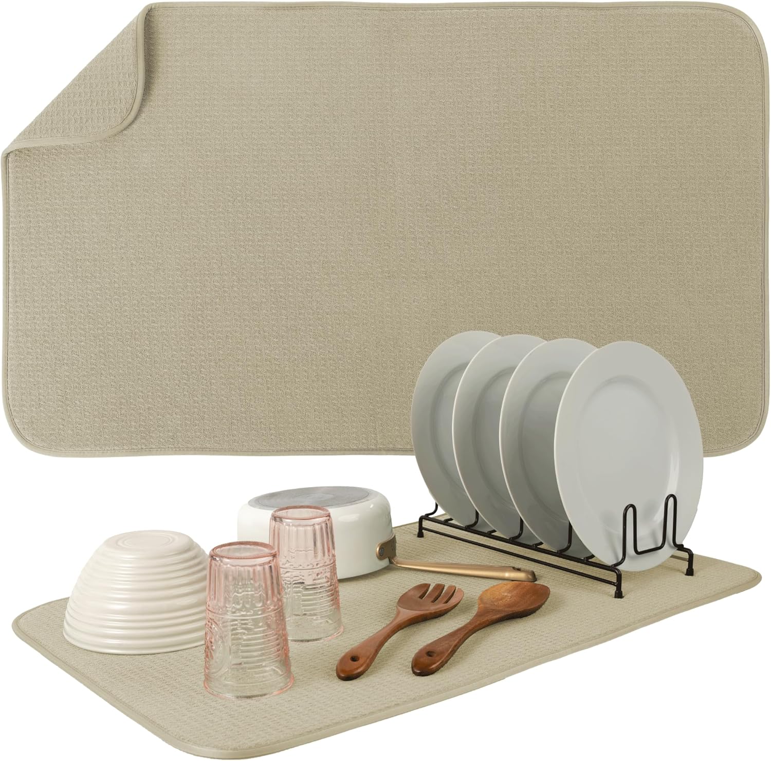 S&T INC. Jumbo Dish Drying Mat - Absorbent Microfiber Kitchen Counter Pad, 18” x 30”, Pure Cashmere