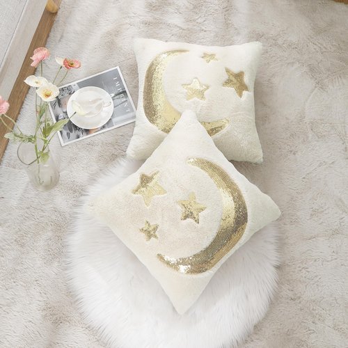 Holibeat Ramadan Throw Pillow Covers 18x18 inches Fluffy Sequin Decoration Pillowcases (Pack of 2) (3stars)