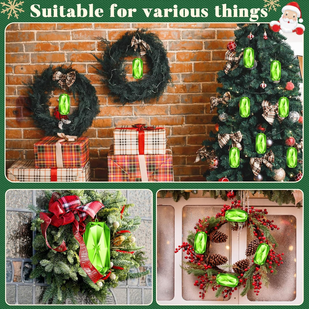 Syhood 4 Pack Green Jewel Ornaments - 5.7 Inch Acrylic Glitter Decorations for Christmas Tree & Holiday Parties