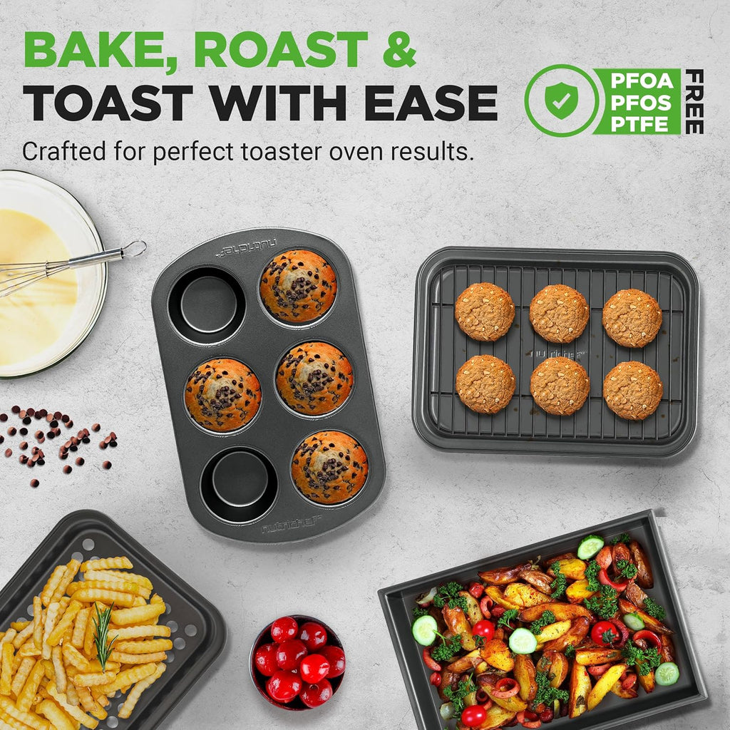 NutriChef 6-Piece Toaster Oven Bakeware Set - Non-Stick, Stackable Carbon Steel Pans & Muffin Trays
