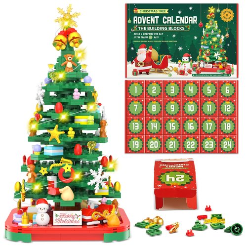 Advent Calendar 2025 Christmas Tree Building Toy Set with LED light, Christmas Countdown Calendar, 24 Days Building Block for Kids Adult Creative Gifts for Adults Teens Girls Ages 8+