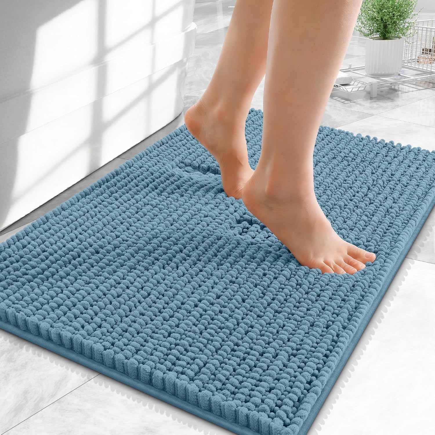 OLANLY Bath Rugs - Extra Soft Chenille, Absorbent & Non-Slip - 24x16 Inches, Airy Blue