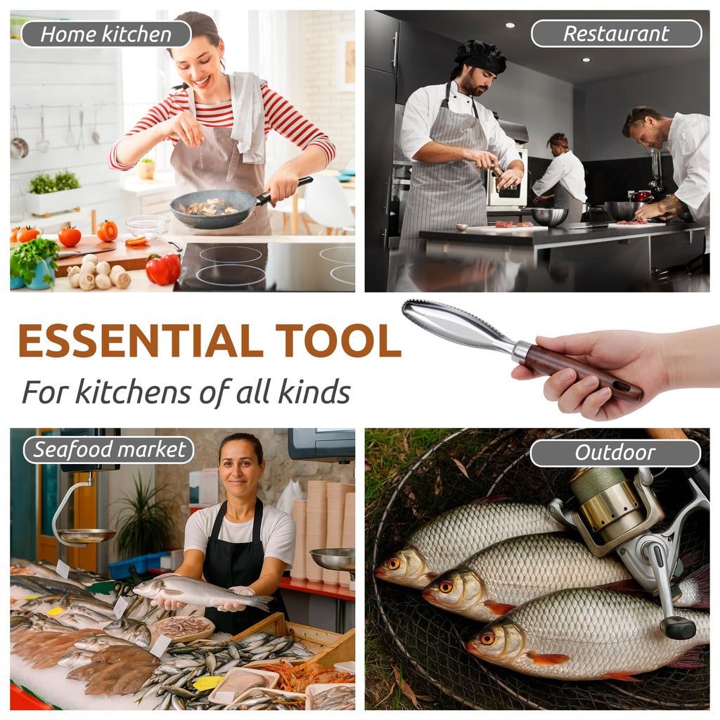 Dugato Fish Scale Remover Tool with Wooden Handle – Stainless Steel Fish Scaler Scraper for Quick & Easy Fish Cleaning – Rustproof Serrated Edge Seafood Descaling Tool for Kitchen & Outdoor Use