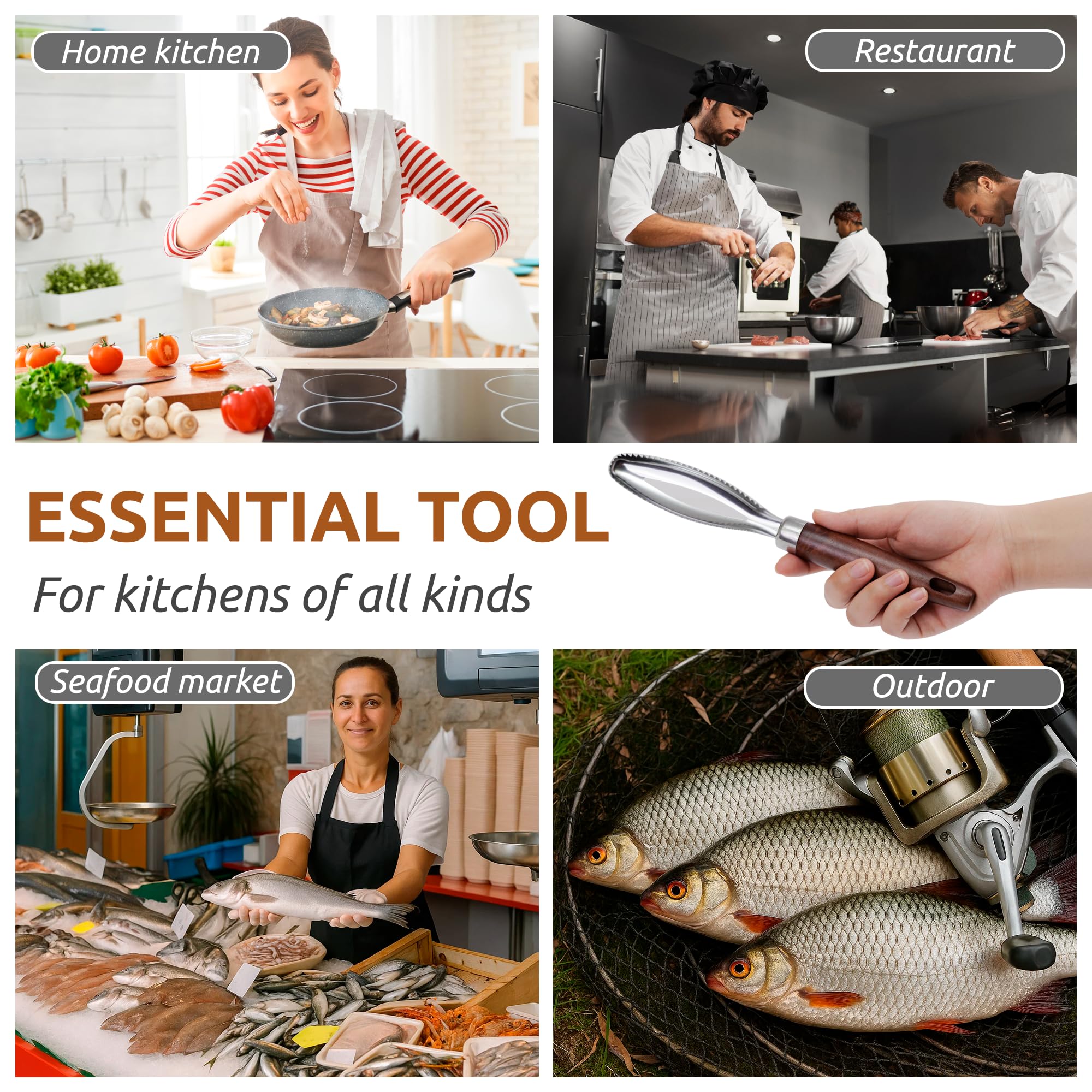 Dugato Fish Scale Remover Tool with Wooden Handle – Stainless Steel Fish Scaler Scraper for Quick & Easy Fish Cleaning – Rustproof Serrated Edge Seafood Descaling Tool for Kitchen & Outdoor Use