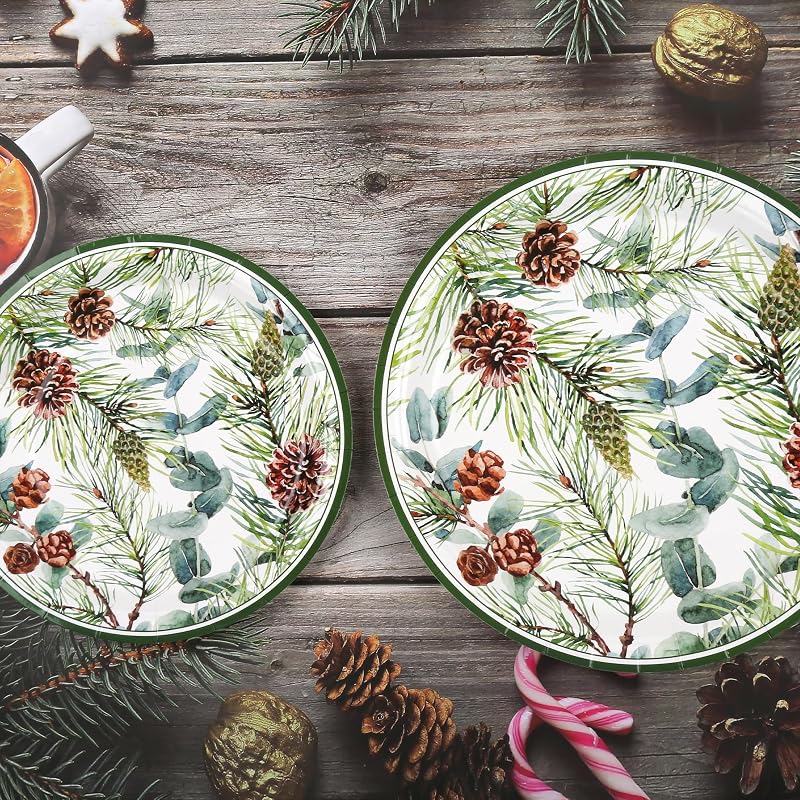 Pine Cones Christmas Dinner & Dessert Plates 48ct - Eucalyptus, Winter Greenery 7in & 9in (Variation: Pine Cones)