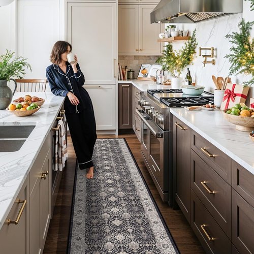 Hallway Washable Runner Rug - Vintage Soft Non-Slip Floor Mat for Kitchen & Entryway | 2'6''x12', Black