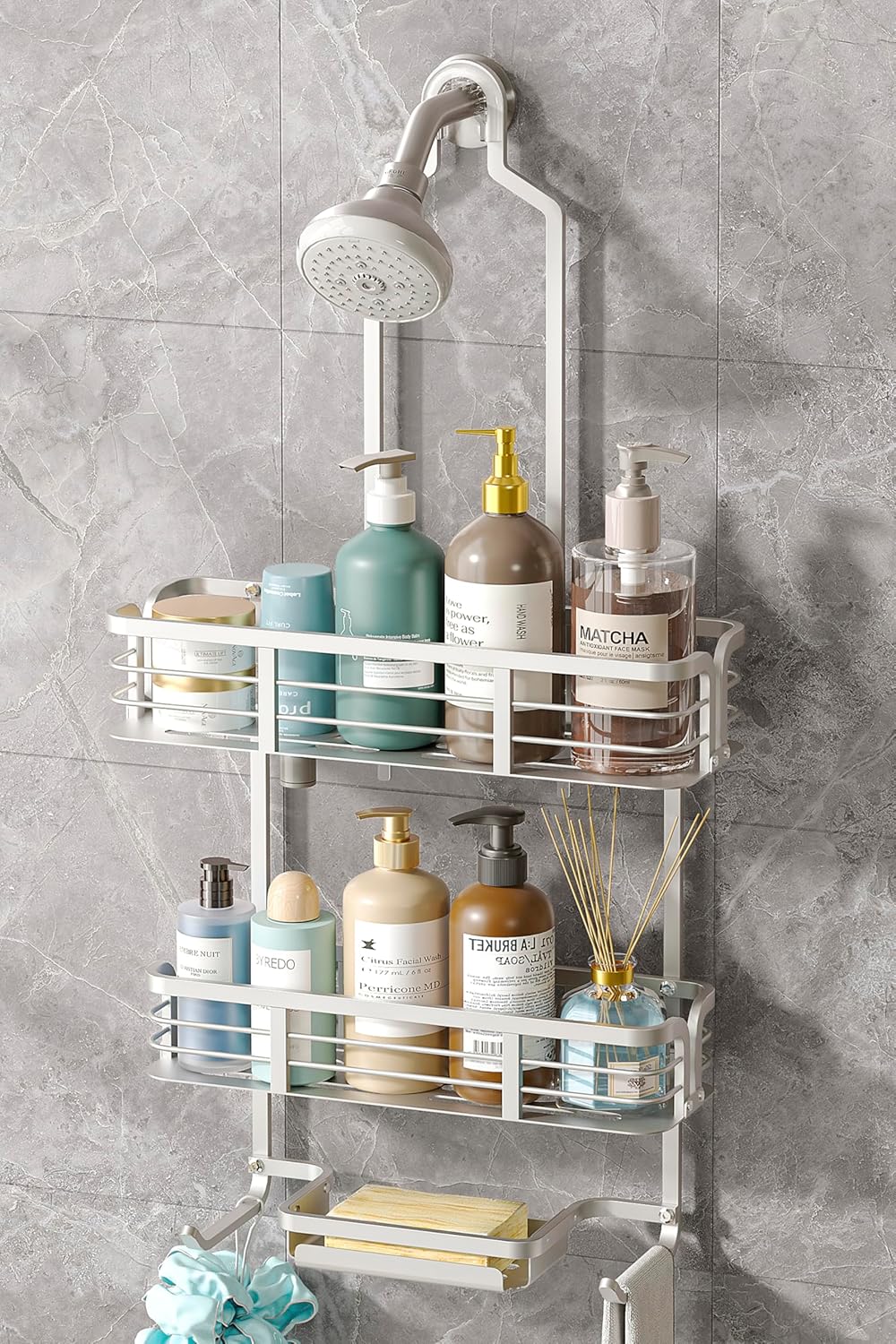 Never Rust Aluminum Shower Caddy by [Brand Name] - Over Showerhead Organizer with Hooks & Soap Holder | Silver