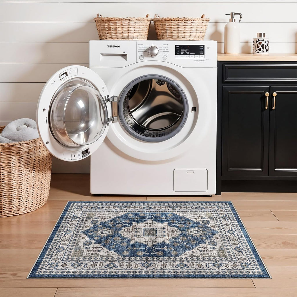 Skiennix Vintage Area Rug - Washable Soft Indoor Mat with Non-Slip Backing | 2x3 ft, Blue
