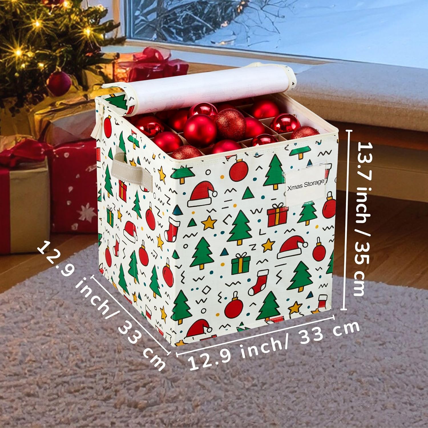 VENO Christmas Ornament Storage Box - 4 Pack for 64 Ornaments | Adjustable Dividers & Zippered Top, 3-Inch Cube Compartments (Jingle Mix)