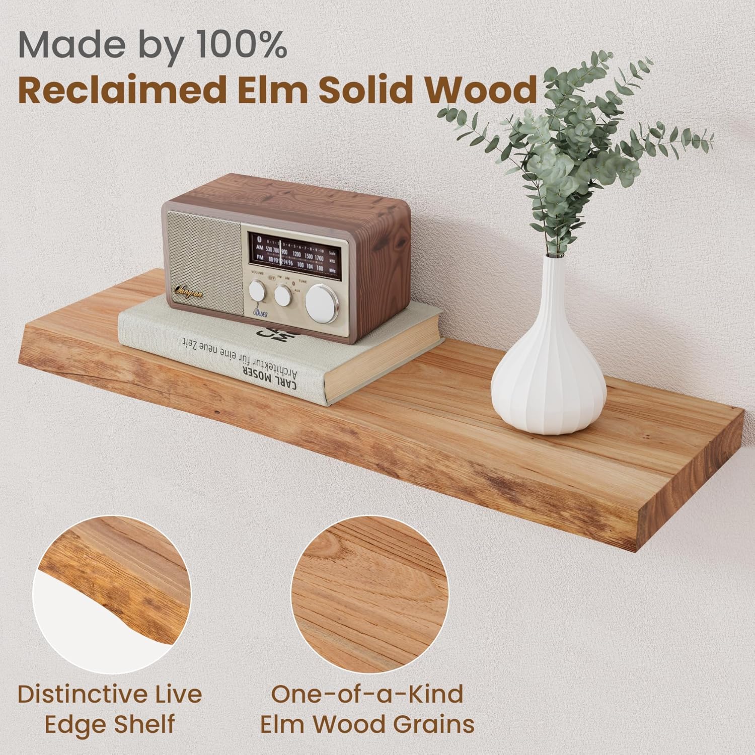 Rustic Solid Elm Wood Floating Shelves by [Brand Name] - Live Edge Wall Mounted Design | Set of 2, 24 Inch, Natural Finish