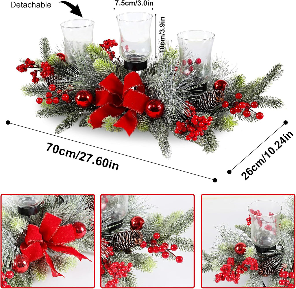 Regine Switzerland Red Christmas Table Centerpiece - Cedar Decoration with 3 Candlestick Glass Cups & Red Berries