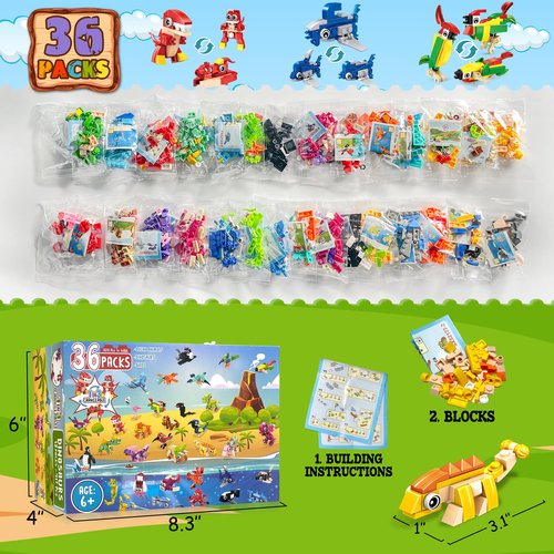 LINAYE 36 Packs Party Favors for Kids - 108 Models Mini Animals Dinosaur Building Blocks Set Toys for Kids Easter Stuffers Fillers Birthday Valentines Day Gifts Classroom Prizes for Boys Girls