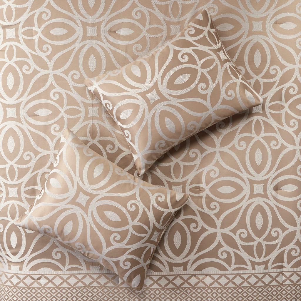 Madison Park Carina Cozy Comforter Set Luxe Jacquard Medallion Design with Embroidery and Pleated Details, All Season Bedding with Matching Shams, Decorative Pillow, Queen, Taupe 7 Piece