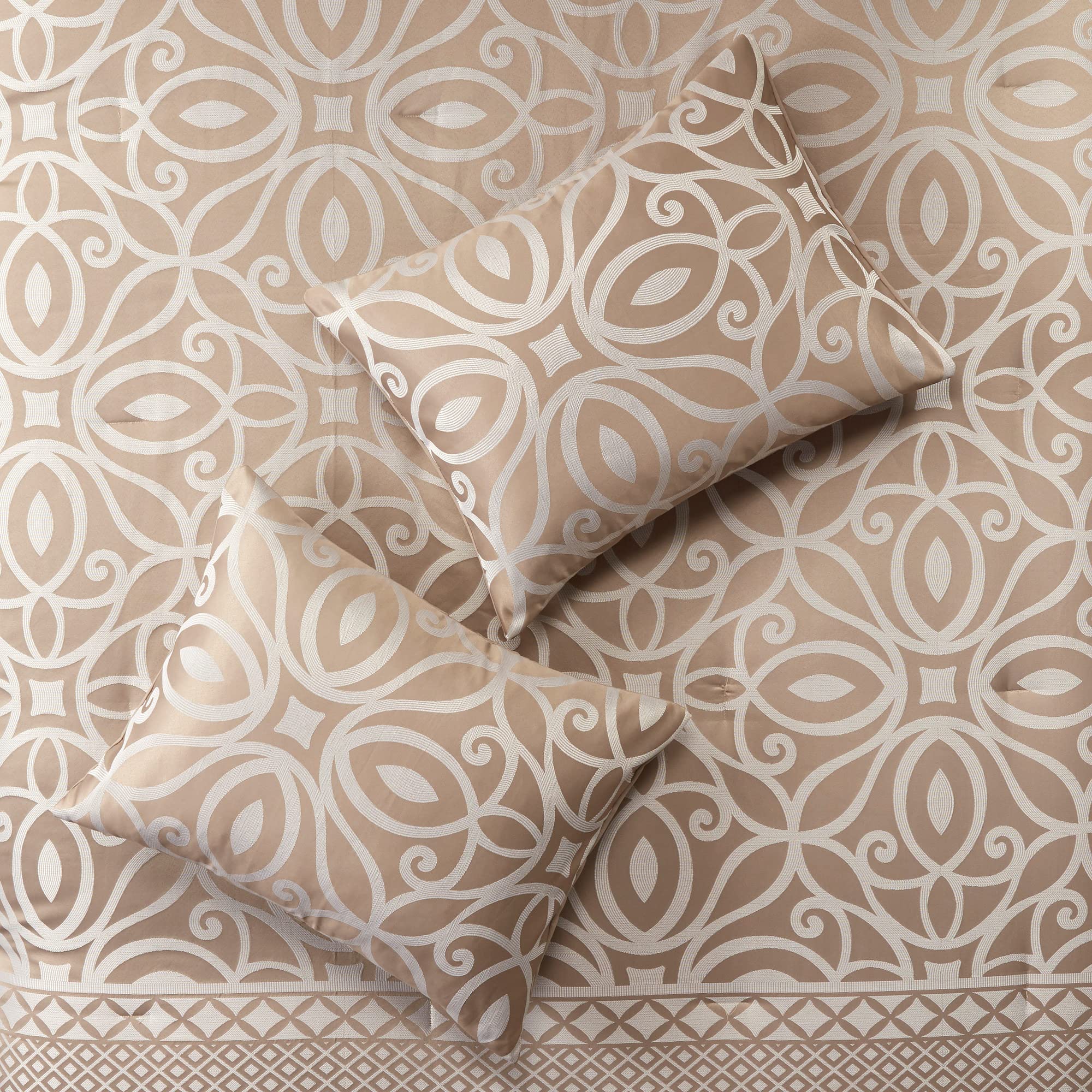 Madison Park Carina Cozy Comforter Set Luxe Jacquard Medallion Design with Embroidery and Pleated Details, All Season Bedding with Matching Shams, Decorative Pillow, Queen, Taupe 7 Piece