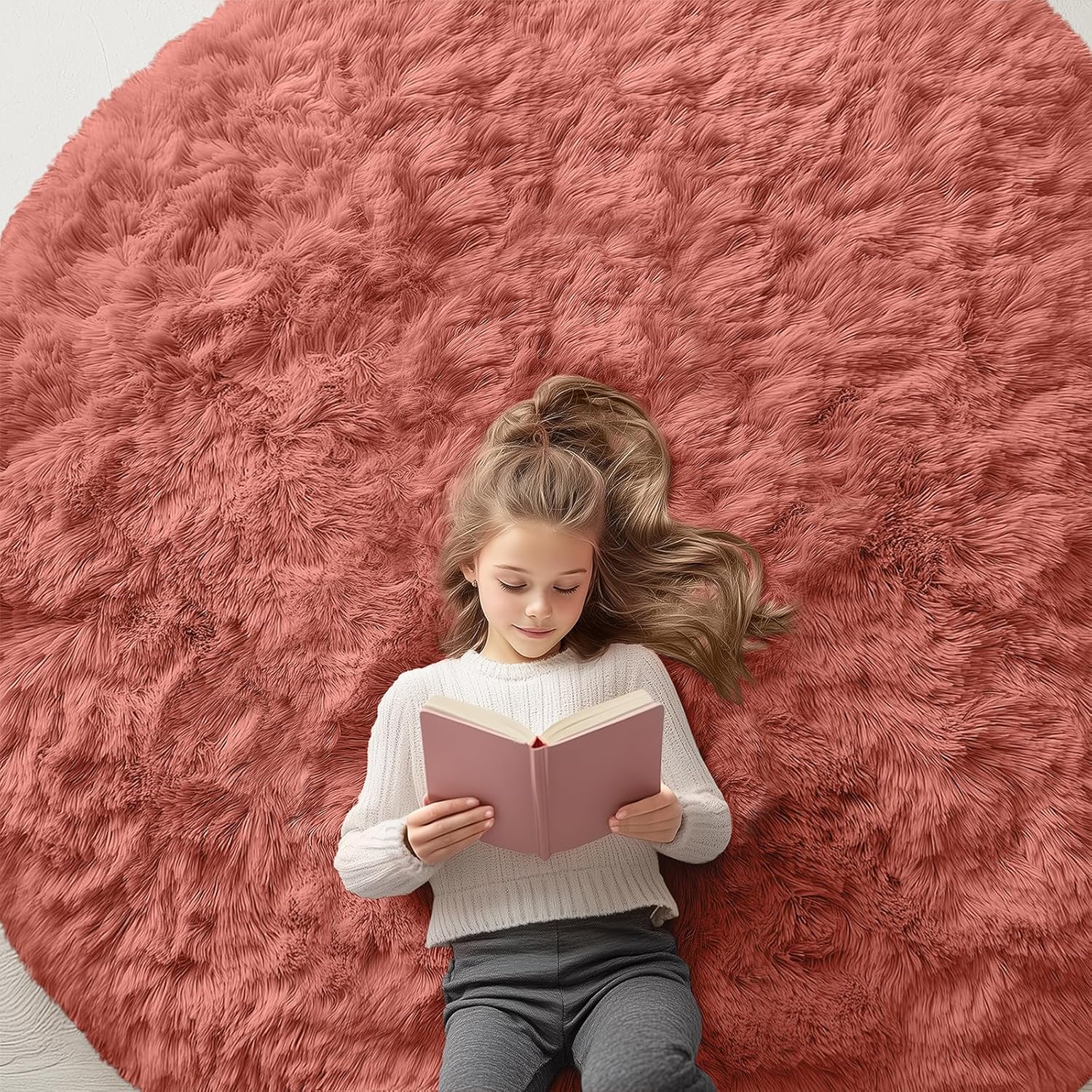 OLANLY Round Rust Red Area Rug - Soft, Fluffy, Machine Washable 6 ft Carpet for Bedroom & Living Room