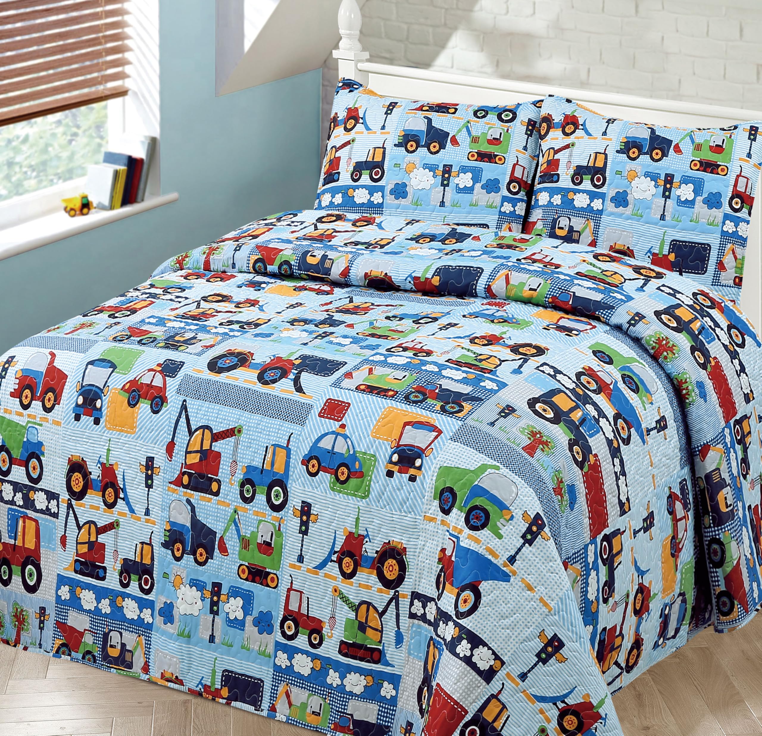 MK Collection Bedspread Set Kids Teens Vehicles Construction Blue Red Green White Yellow Bedspread Set New (Twin)