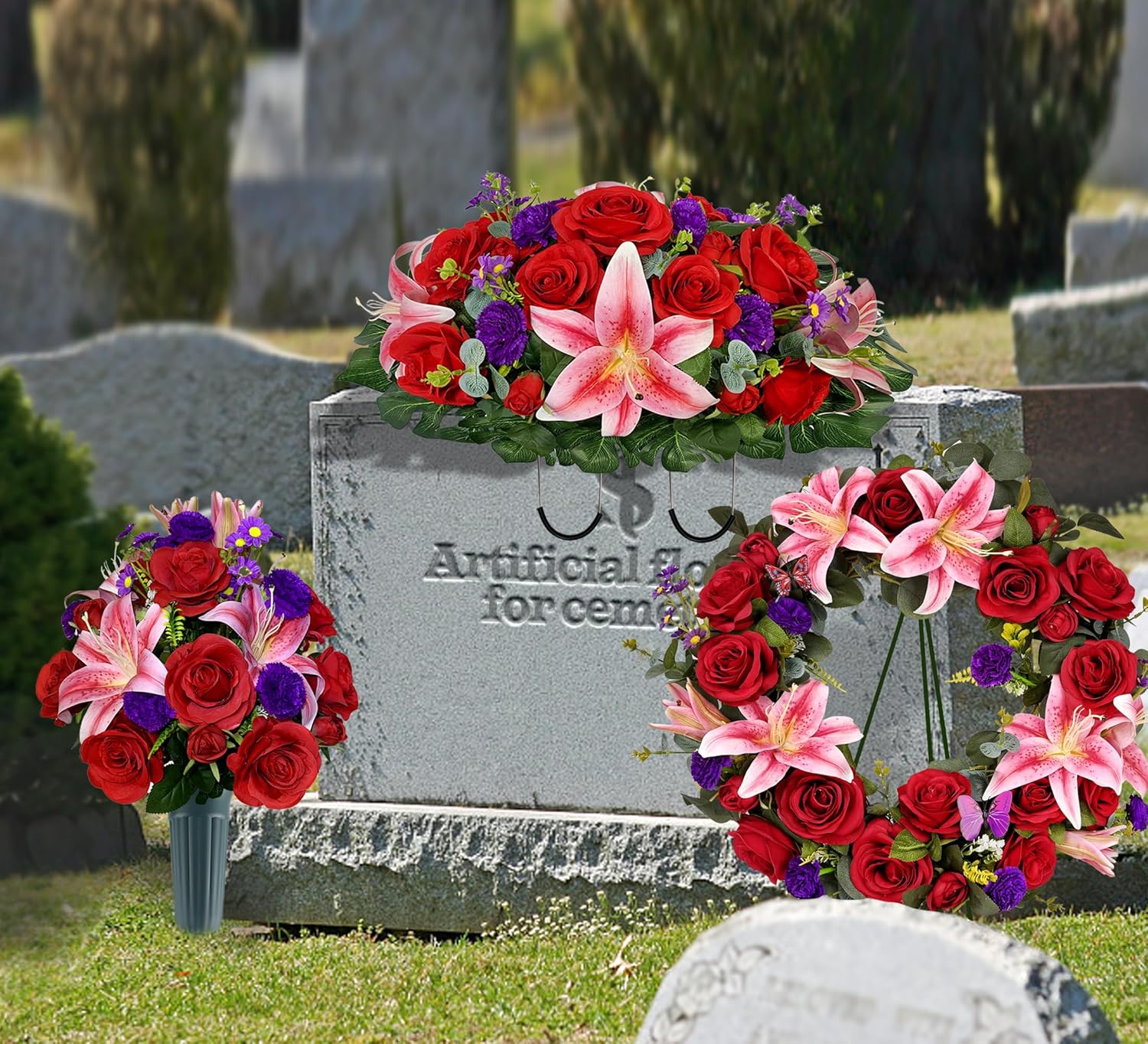 Regine Switzerland Cemetery Wreath - Handmade Floral Arrangement with 30-Inch Easel Stand | Red & Pink Roses, Lilies, Daisies, and Carnations