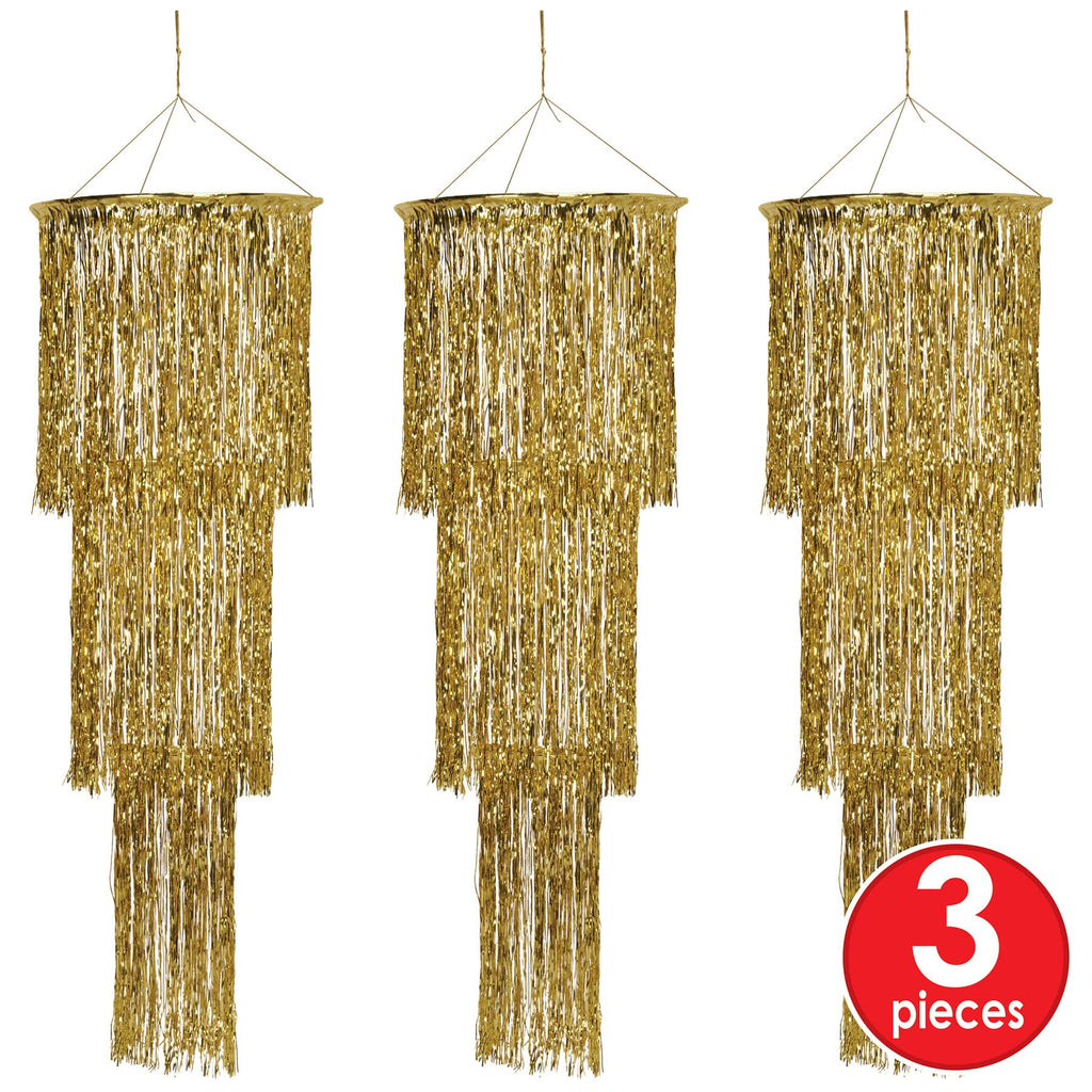 Beistle 3-Tier Shimmering Chandeliers – 3 Pack Gold Hanging Party Decorations, Elegant Foil Ceiling Décor for New Year’s Eve, Weddings, Anniversaries, 1920’s Themed Parties and Celebrations, 4 Ft
