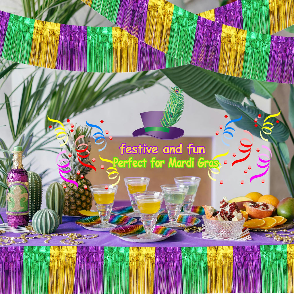 4 Packs Total 39 Ft Mardi Gras Parade Floats for Trailer Car, Green Gold Purple Foil Fringe Garland Tinsel Streamers Banner Table Skirts for Halloween Graduation Homecoming Birthday Party Decor