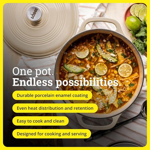 Lodge Essential Enamel Cast Iron Dutch Oven - 6 Quart Sandalwood - Ideal for Baking, Braising & Slow Cooking