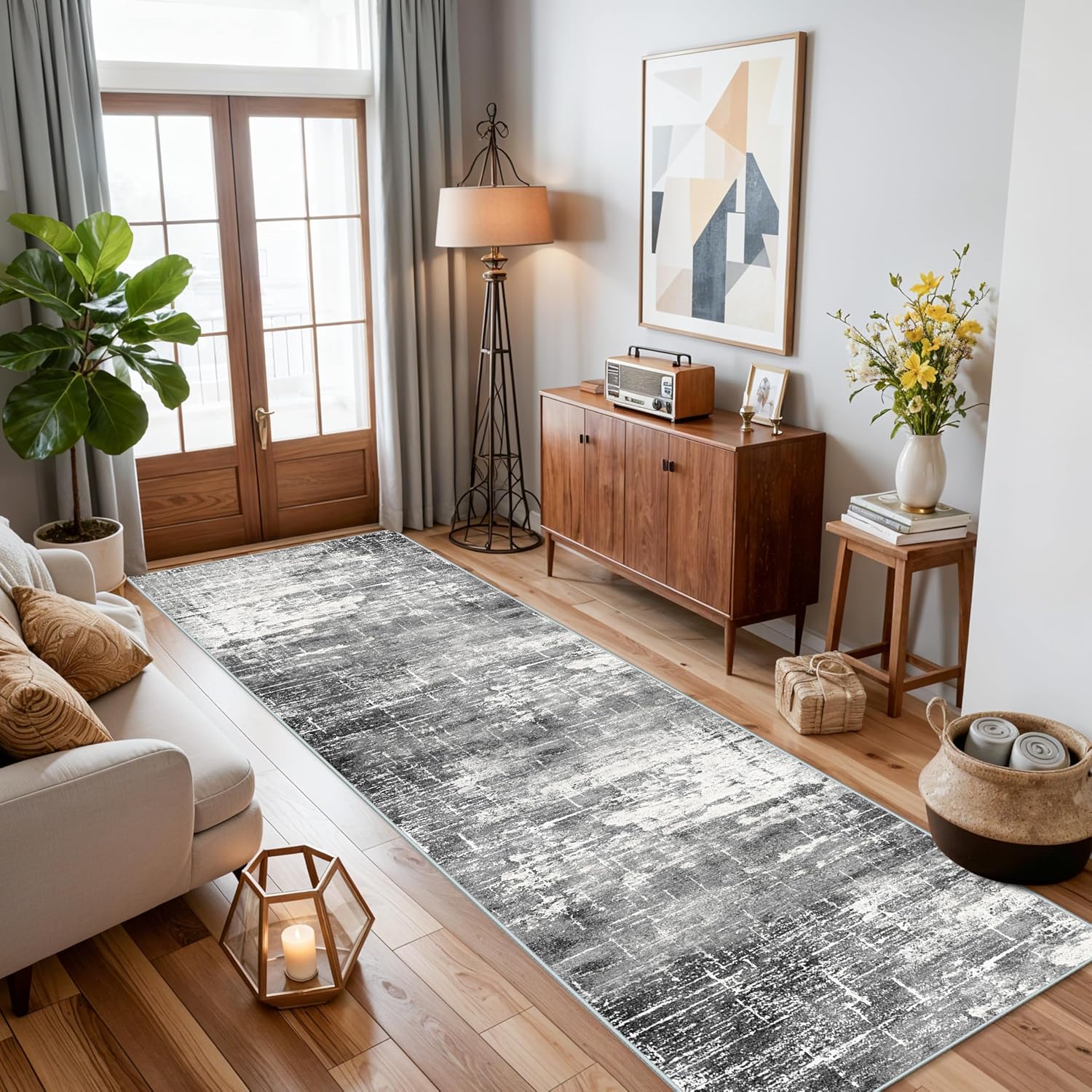 Skiennix Washable Kitchen Area Rug - Soft Non-Slip Abstract Runner for Living Room & Bathroom | 2x10 ft, Black/Grey