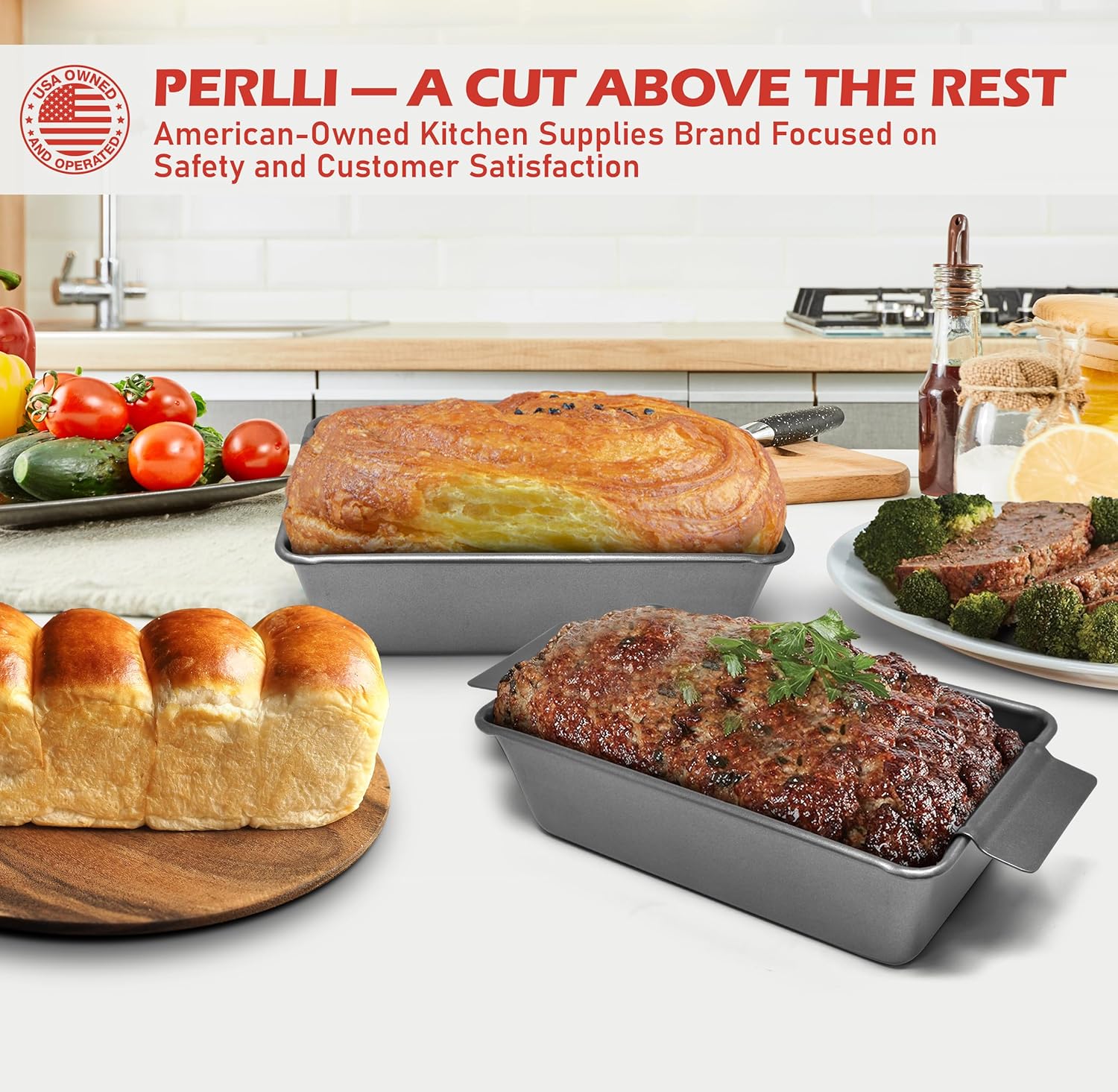 PERLLI Nonstick Meat Loaf Pan with Drip Tray - 9.8 x 5.7 In. High-Carbon Steel, BPA-Free for Baking & Roasting