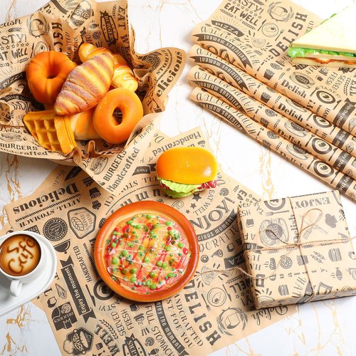 400 Pcs Deli Wax Paper Sheets 15 x 15 Inch Large Newsprint Sandwich Paper Wraps Greaseproof Food Basket Liners Newspaper Wrapping Square for Halloween Christmas Burger Bread BBQ Picnic (Brown Black)